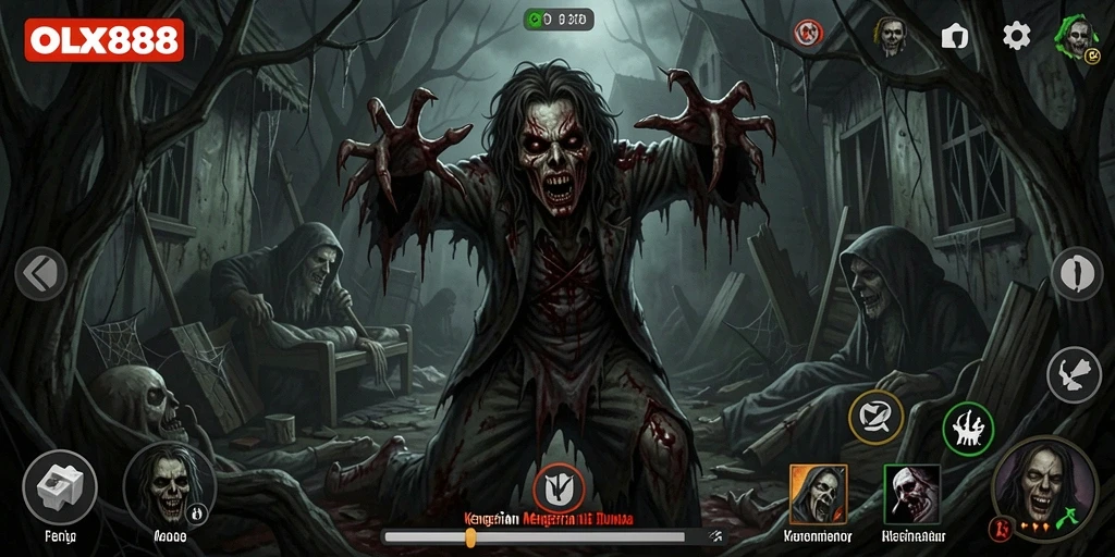 Tangkapan layar gameplay OLX888 dengan suasana horor yang mencekam.