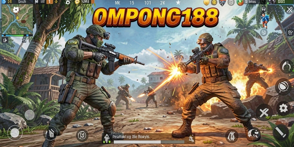 Screenshot OMPONG188 menampilkan aksi seru dalam game Battle Royale.