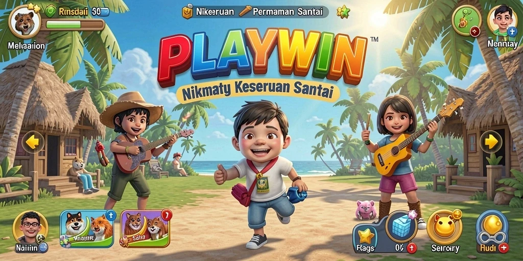 Tampilan gameplay menyenangkan dalam <strong>PLAYWIN</strong> dengan karakter lucu dan warna-warni.